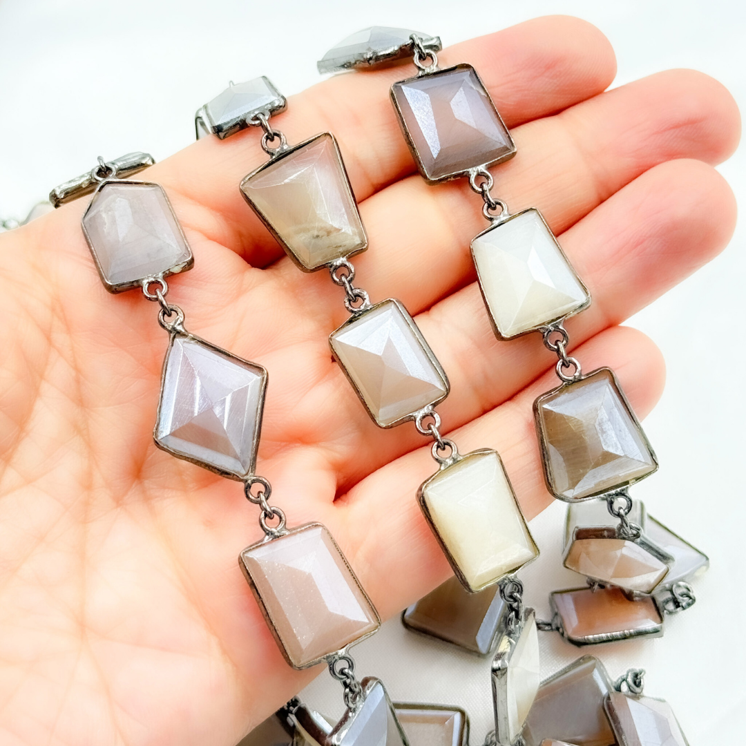 Coated Multi Moonstone Organic Shape Bezel Oxidized Wire Chain.