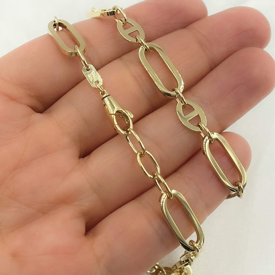 501069MGG. 14k Solid Yellow Hollow Gold Flat Oval Link & Flat Marina Link Chain