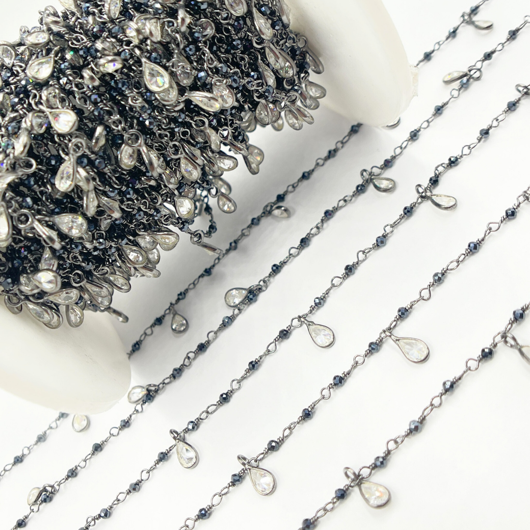 Coated Black Spinel & CZ Dangle Oxidized Wire Chain
