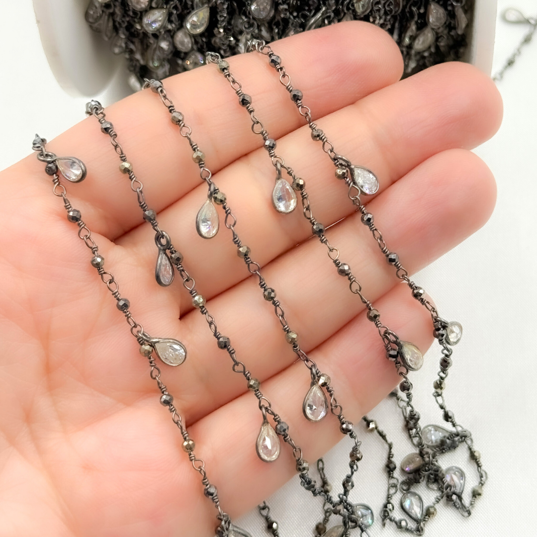 Pyrite & CZ Dangle Oxidized Wire Chain. PYR5