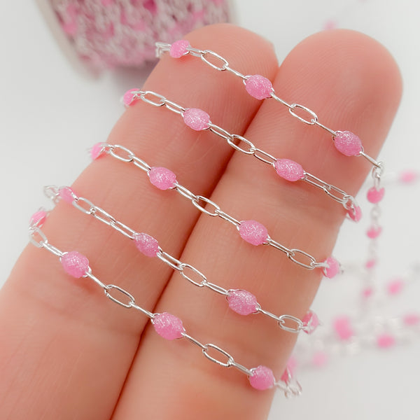 Sterling Silver Pink Color Enamel Cable Chain