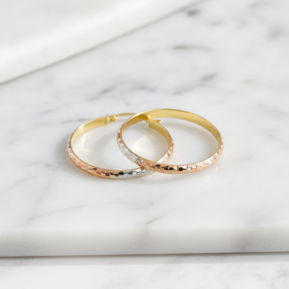 GER75. 14K Gold Diamond Cut Tri-Color Hollow Hoop Earrings