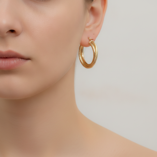 15850019628. 14K Solid Gold Fancy Twist Double Hollow Hoop Earrings