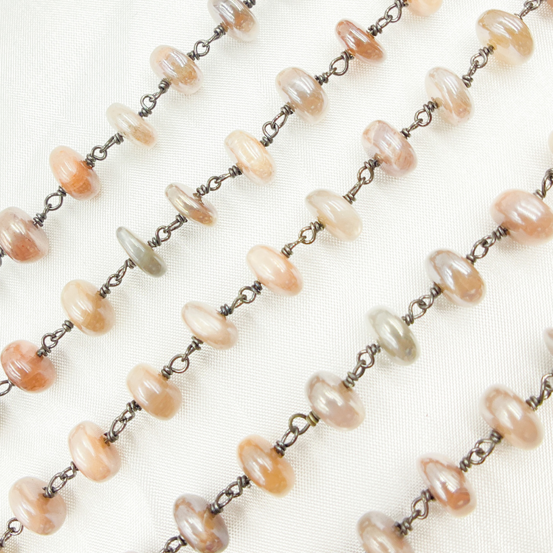 Coated Taupe Smooth Moonstone Oxidized Wire Chain.