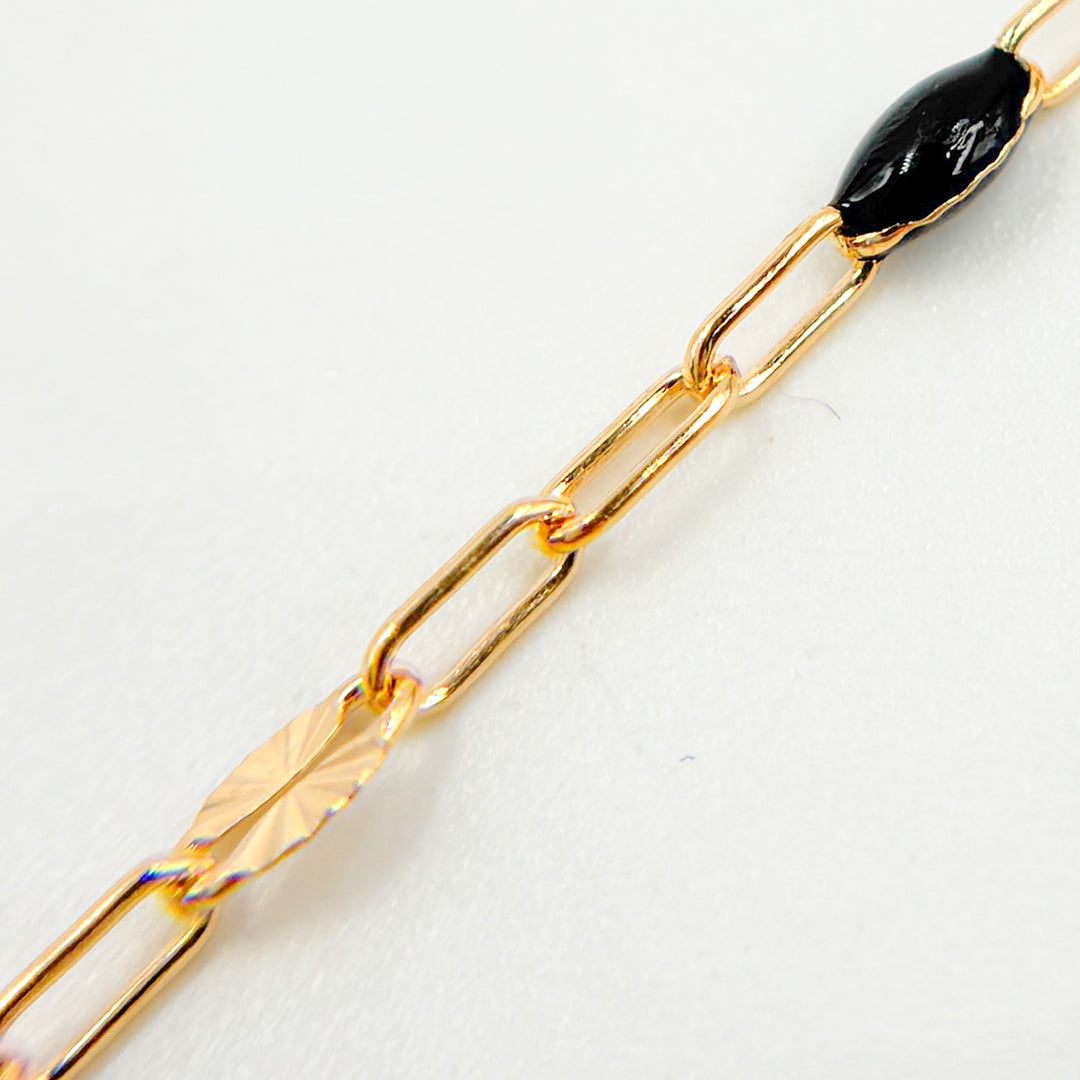 V295BKGF. 14K Gold Filled Black Color Enamel with Paperclip and Diamond Cut Marina Links