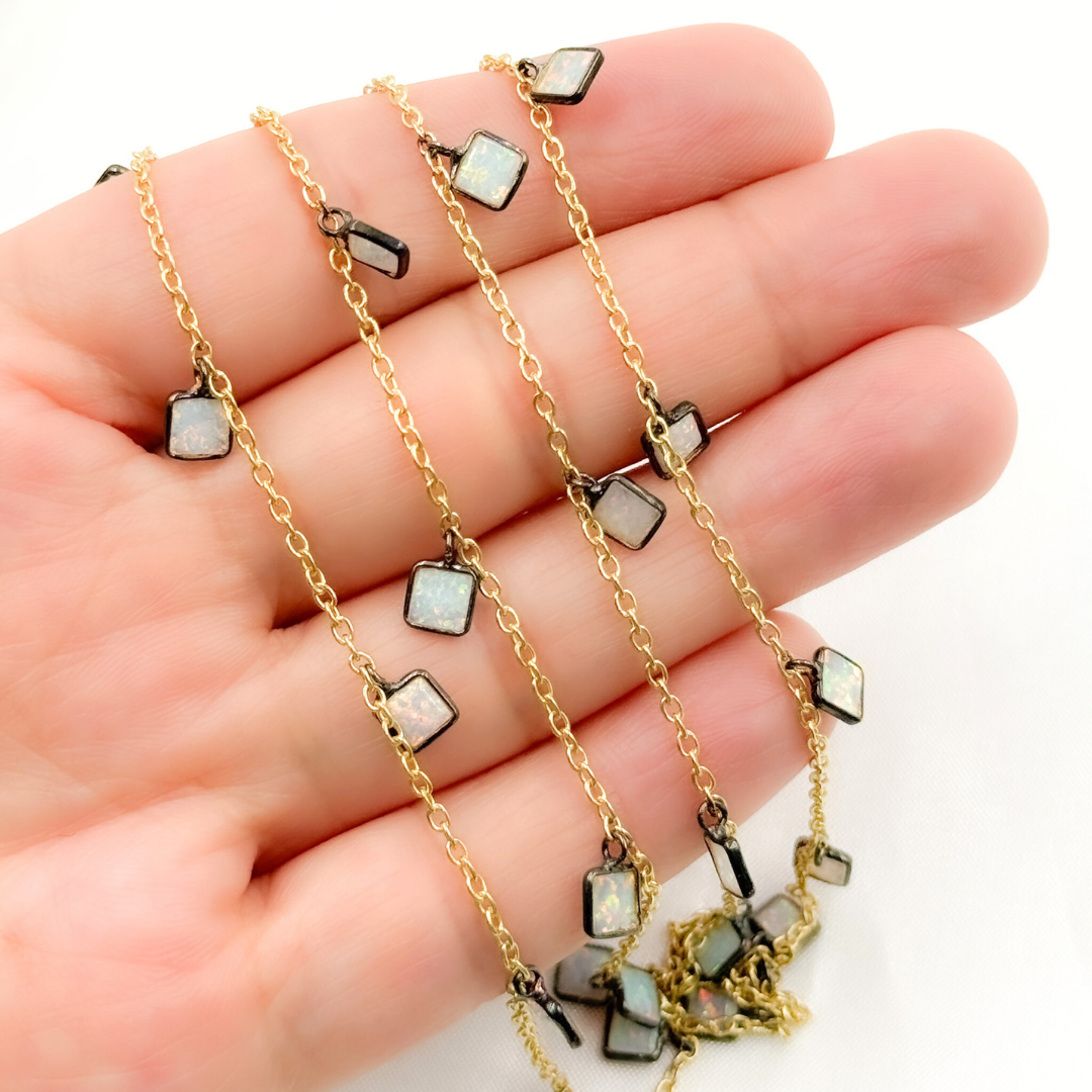 Created White Opal Square Shape Dangle Wire Chain
