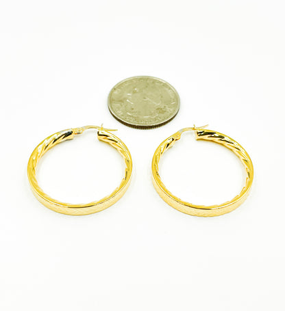 GER2. 14K Solid Gold Textured Hollow Hoops Earrings