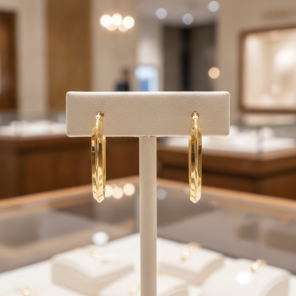 15850021777.  14K Solid Gold Fancy Rectangle Hollow Hoop Earrings