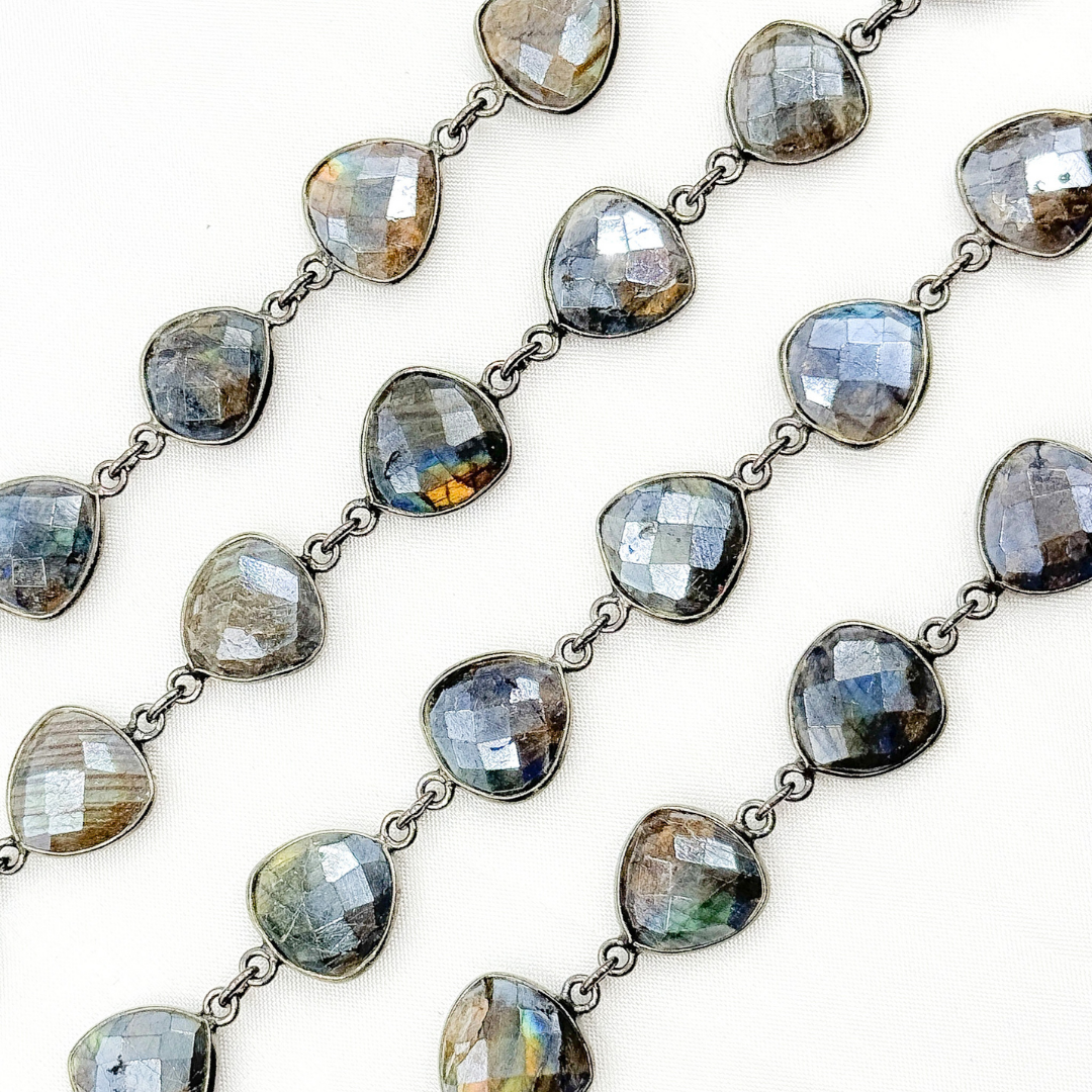 Coated Labradorite Triangle Shape Bezel Oxidized Wire Chain. CLB9