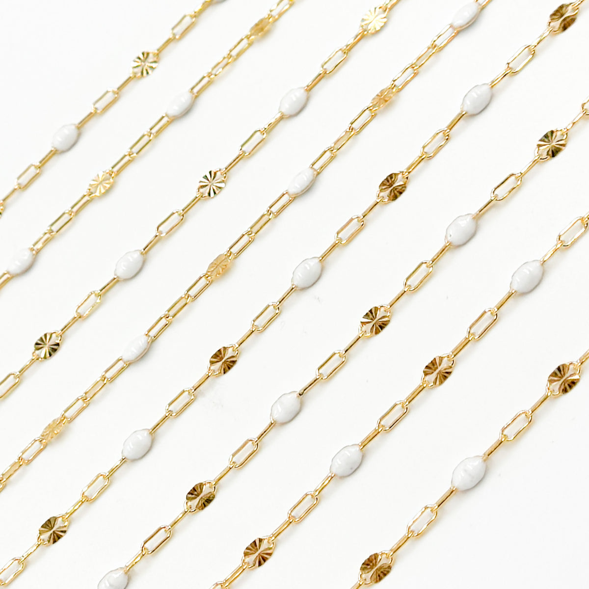 V295WTGF. 14K Gold Filled White Color Enamel with Paperclip and Diamond Cut Marina Links