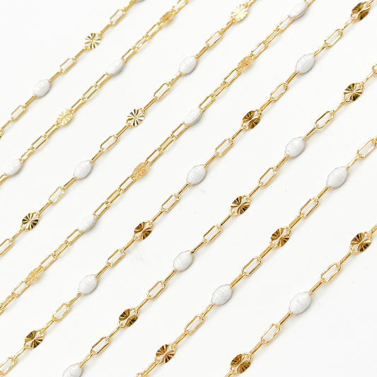 V295WTGF. 14K Gold Filled White Color Enamel with Paperclip and Diamond Cut Marina Links