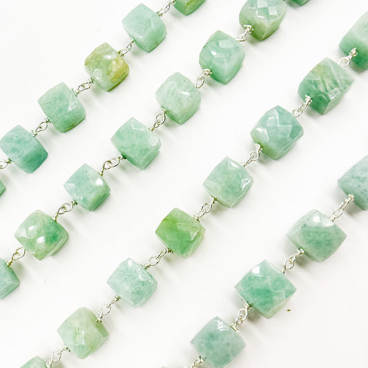 Amazonite Cube Faceted Sterling Silver Wire Chain