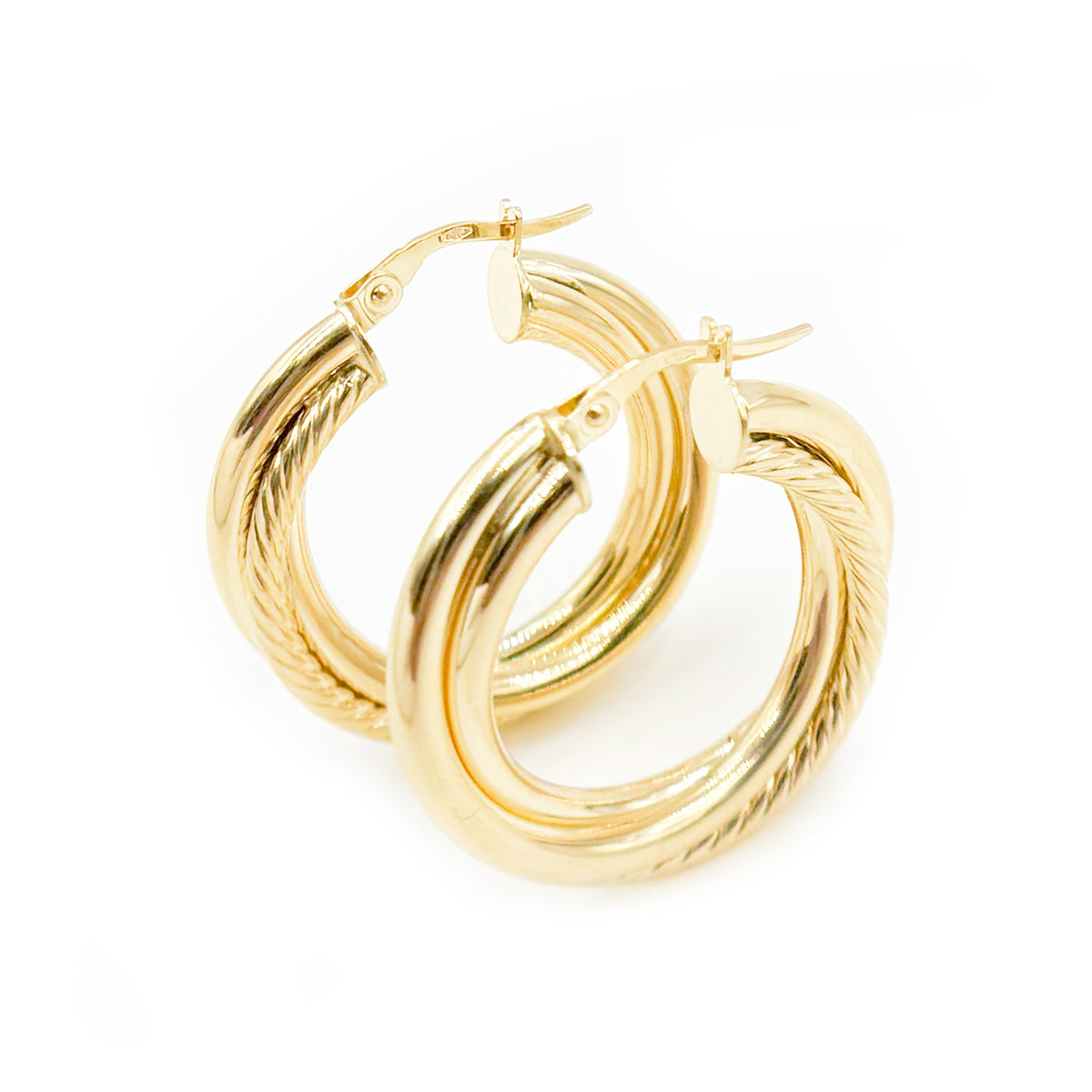 15850019628. 14K Solid Gold Fancy Twist Double Hollow Hoop Earrings
