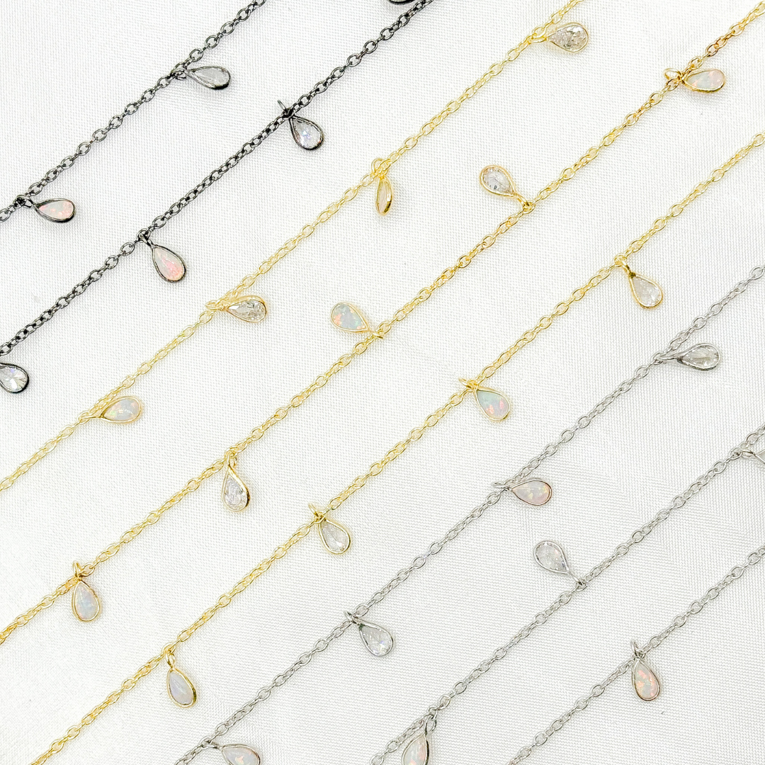 Created White Opal + CZ Pear Shape Dangle Chain