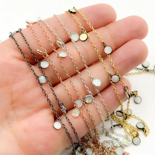 Created White Opal Round Shape Dangle Chain