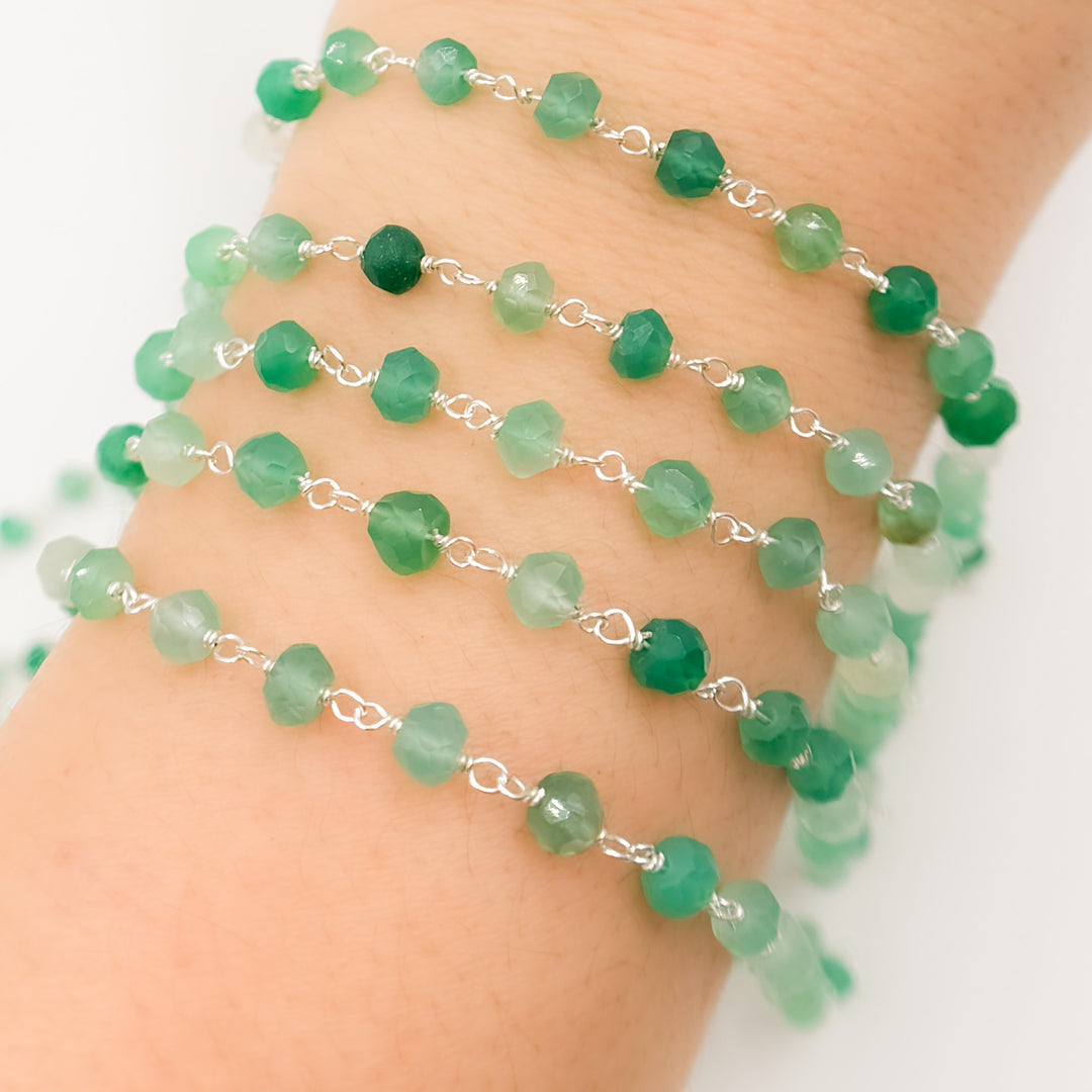 GRE11. Green Onyx Sterling Silver Wire Chain