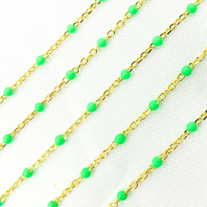 Gold Plated Sterling Silver Enamel Green Color Cable Chain