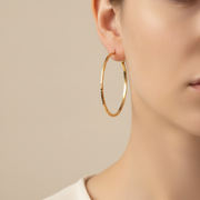 GER157. 14K Solid Gold Hollow Flat Diamond Cut Hoop
