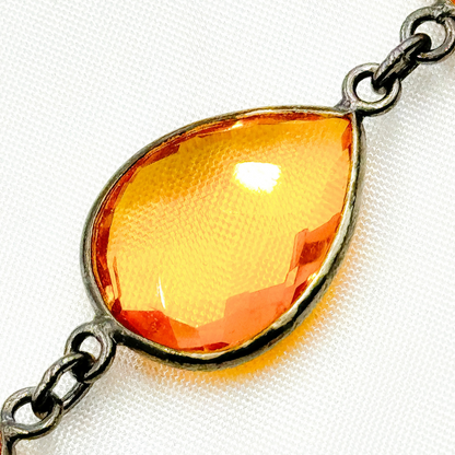 Hydro Quartz Citrine Color Pear Shape Bezel Oxidized Wire Chain.