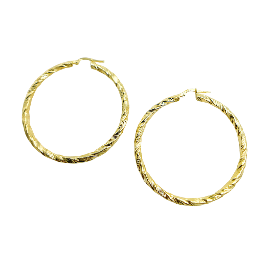 GER54. 14K Solid Gold Twist Round Hollow Hoop Earrings