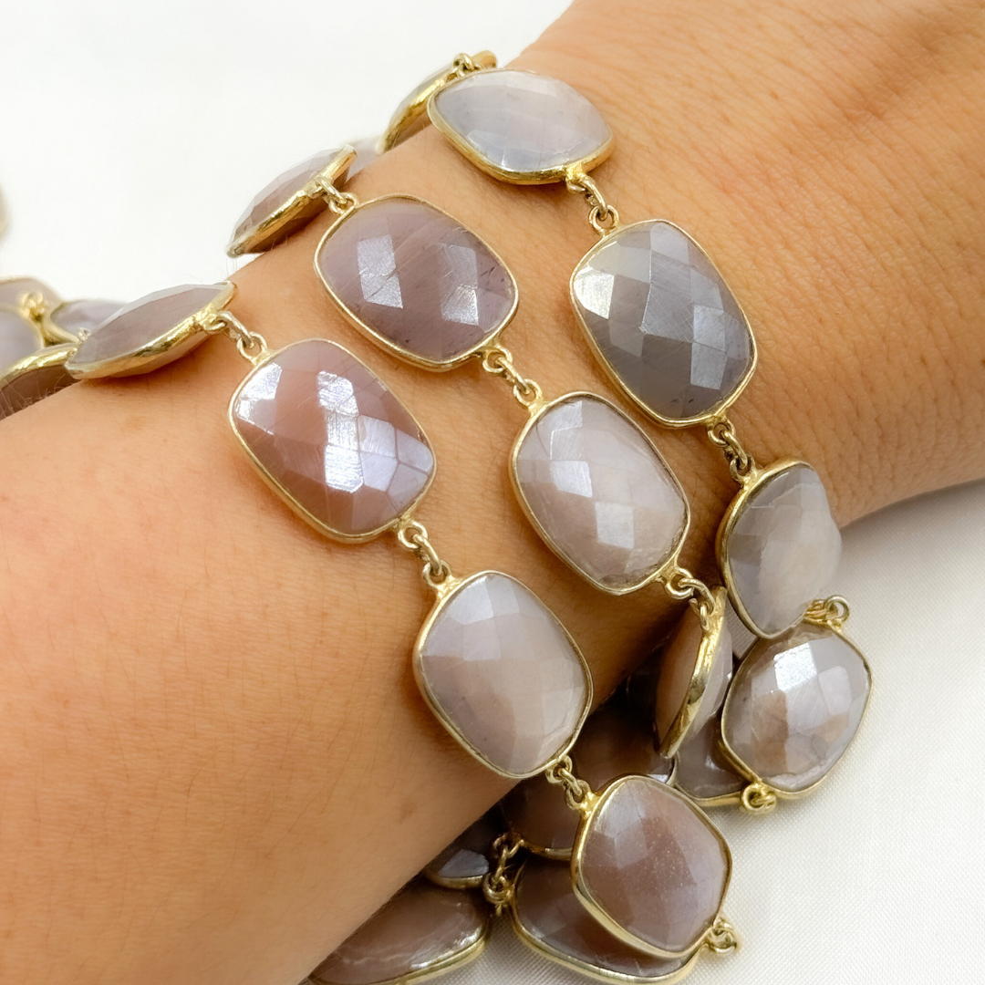 Coated Chocolate Moonstone Rectangular Shape Bezel Gold Plated Silver Wire Chain. CMS29