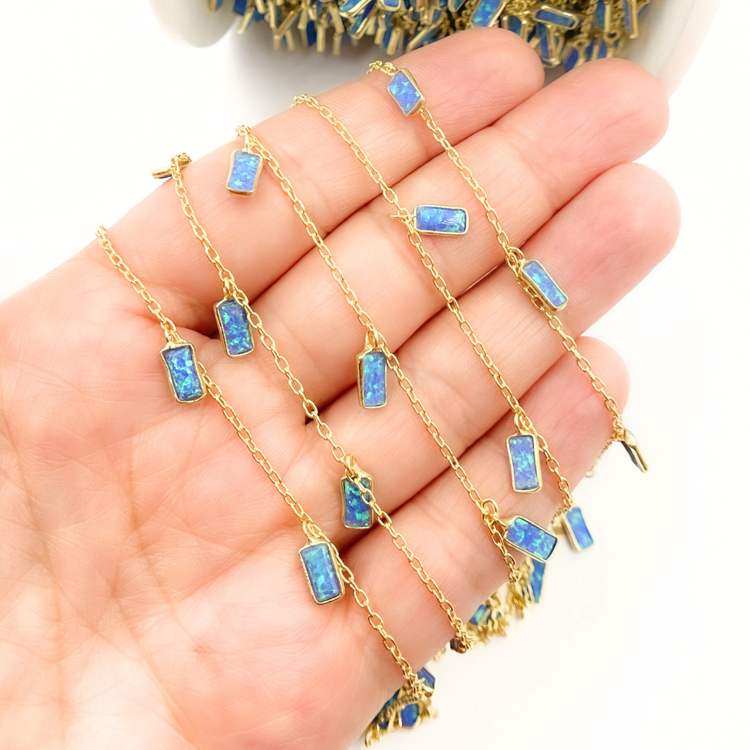 Created Blue Opal Rectangular Shape Dangle Chain.