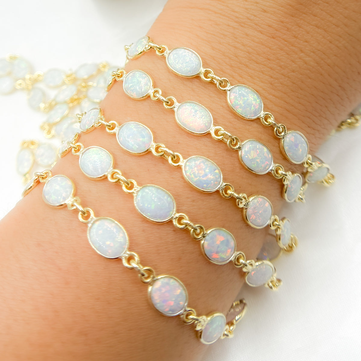 White Opal Oval Shape Bezel Gold Plated Wire Chain