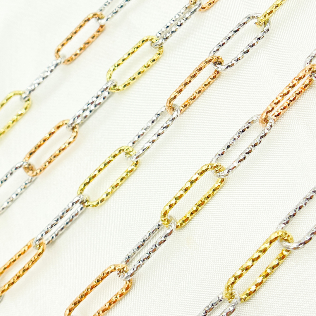 Sterling Silver Gold Plated, White Silver & Rose Plated Paperclip Diamond Cut Link Chain