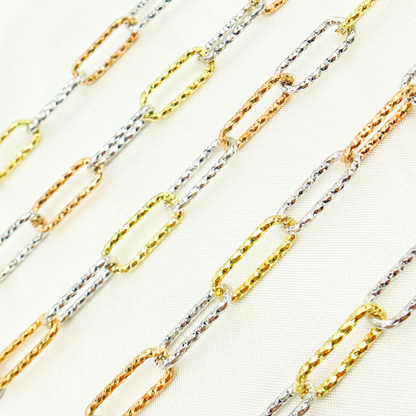 Sterling Silver Gold Plated, White Silver & Rose Plated Paperclip Diamond Cut Link Chain