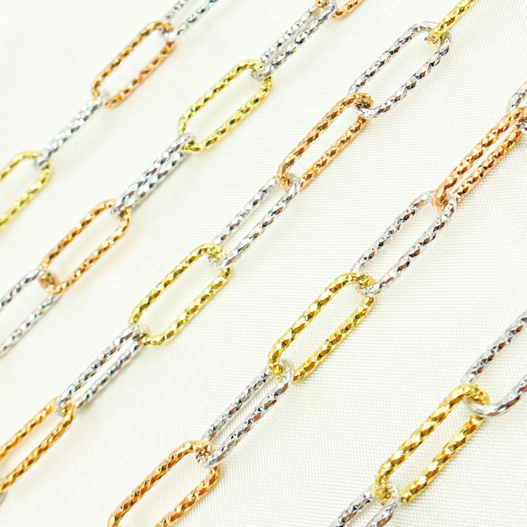 925 Sterling Silver Gold Plated, White Silver & Rose Plated Paperclip Diamond Cut Link Chain. V10GSR