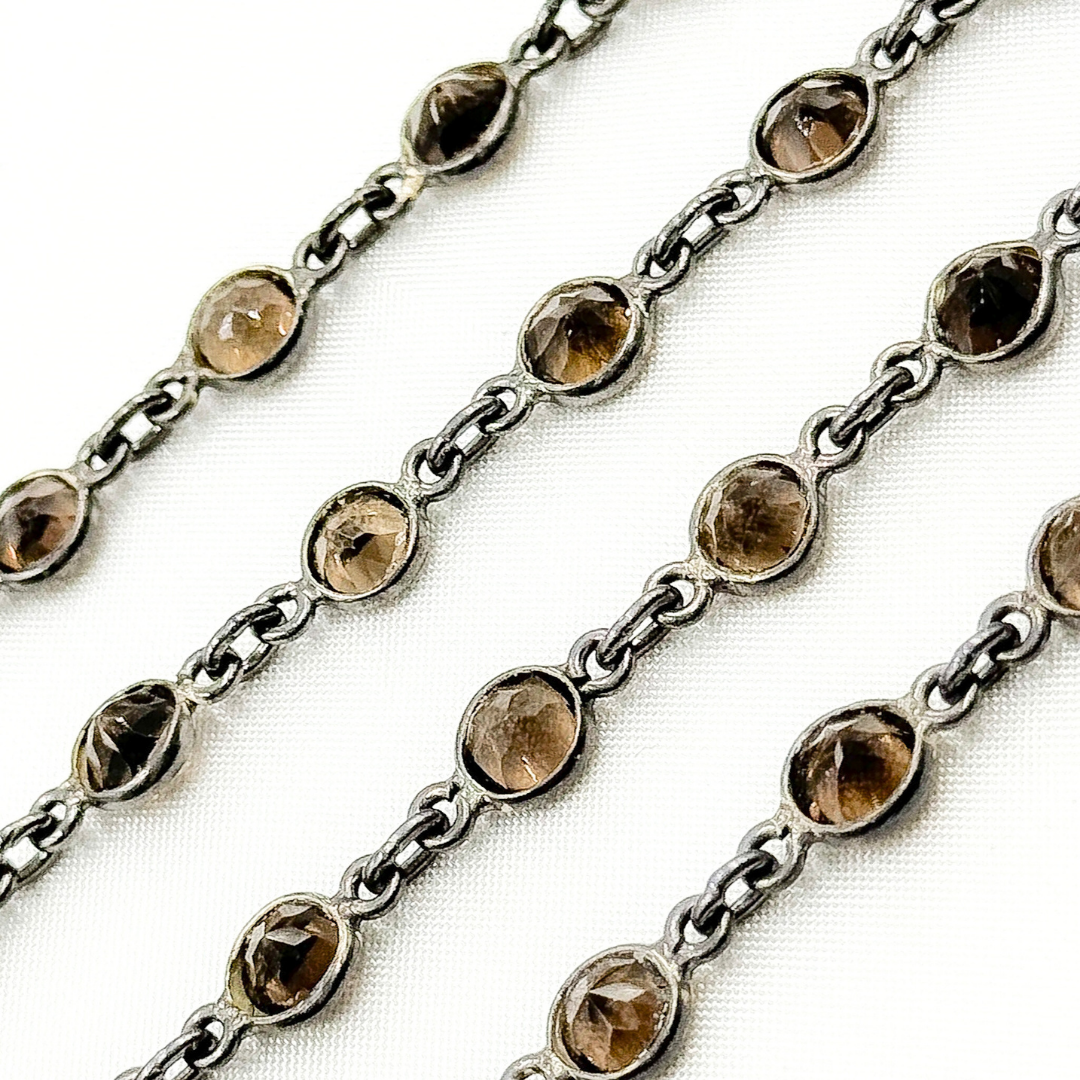 Smoky Quartz Round Shape Bezel Oxidized Wire Chain
