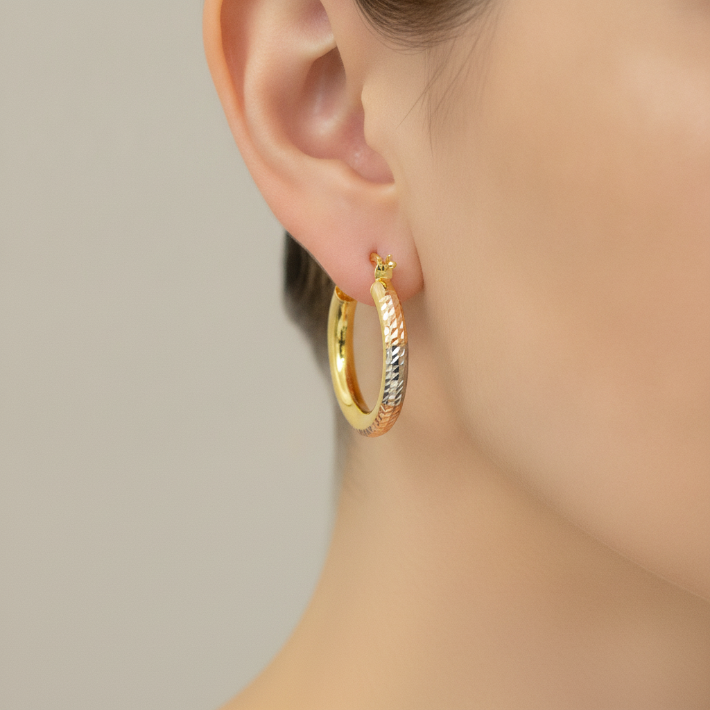 GER77. 14K Tri-Color Gold Diamond-Cut Hollow Hoop Earrings