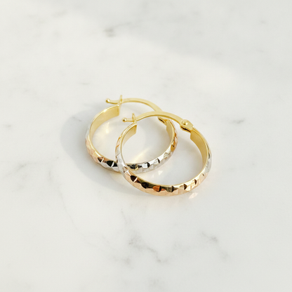 GER62. 14K Gold Diamond Cut Tri-Color Hoop Earrings