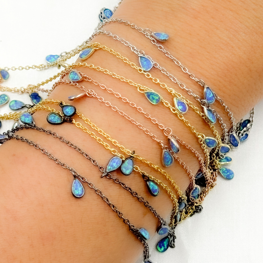 Created Blue Opal Tear Drop Shape Dangle Chain