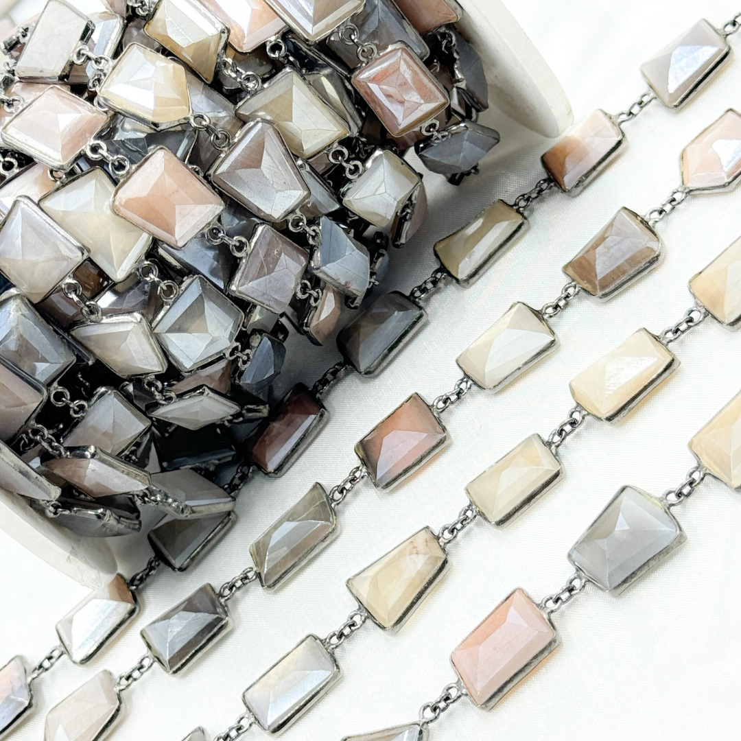 Coated Multi Moonstone Organic Shape Bezel Oxidized Wire Chain.