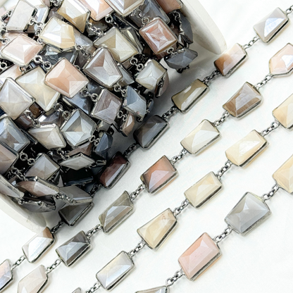 Coated Multi Moonstone Organic Shape Bezel Oxidized Wire Chain.