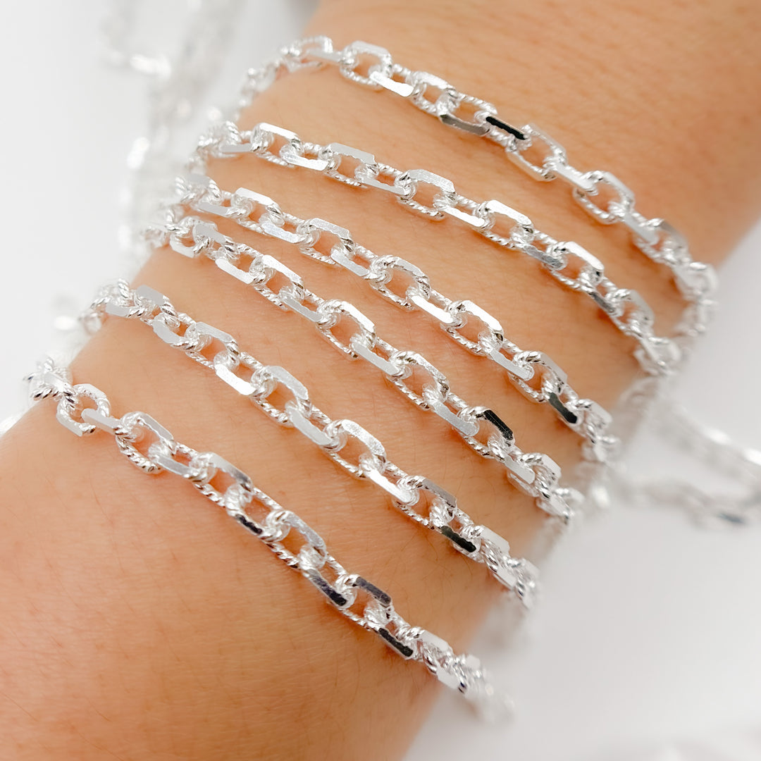 Sterling Silver Twisted & Diamond Cut Rectangle Chain