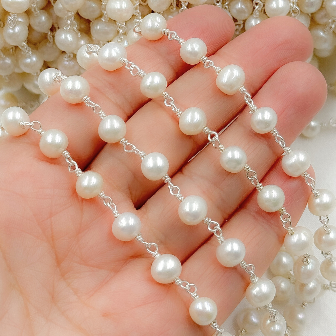 PRL57. White Pearl Round 925 Sterling Silver Wire Chain