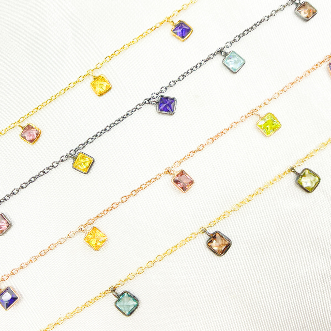 Multi Color Cubic Zirconia Square Shape Dangle Chain