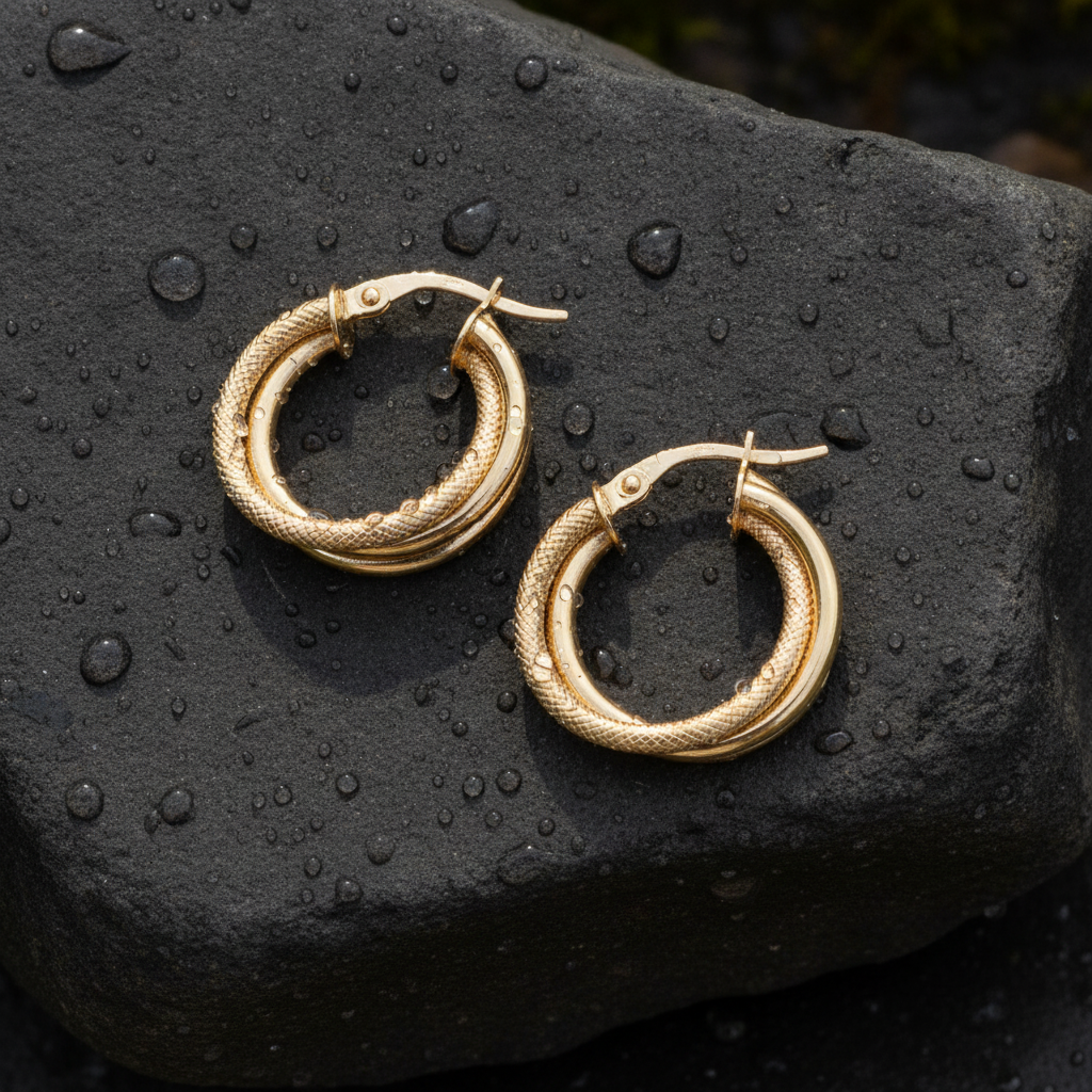 15850006741. 14K Solid Gold Smooth and Textured Twisted Triple Hollow Hoop Earrings