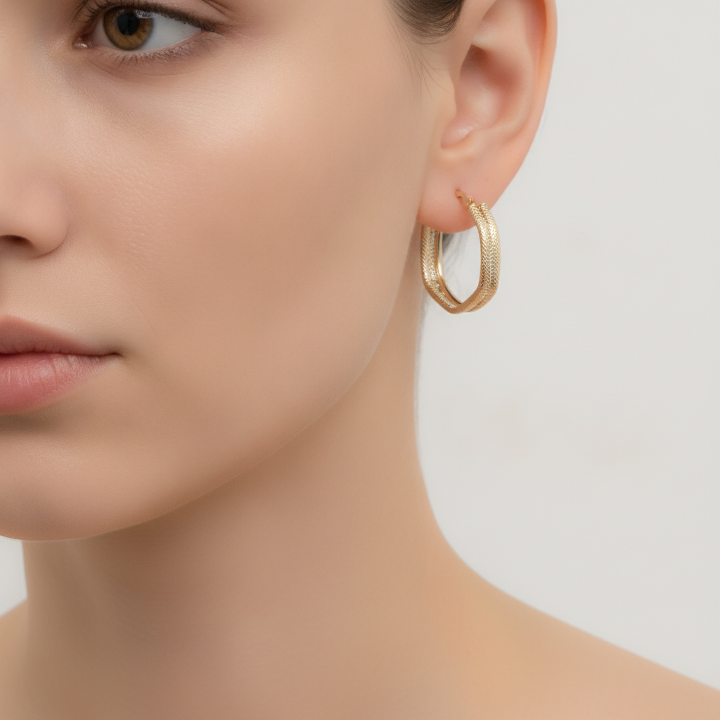 15850023956. 14K Solid Gold Smooth and Textured Hexagonal Hollow Hoop Earrings