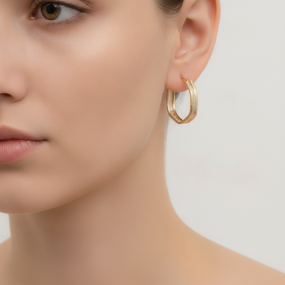 15850023956. 14K Solid Gold Smooth and Textured Hexagonal Hollow Hoop Earrings
