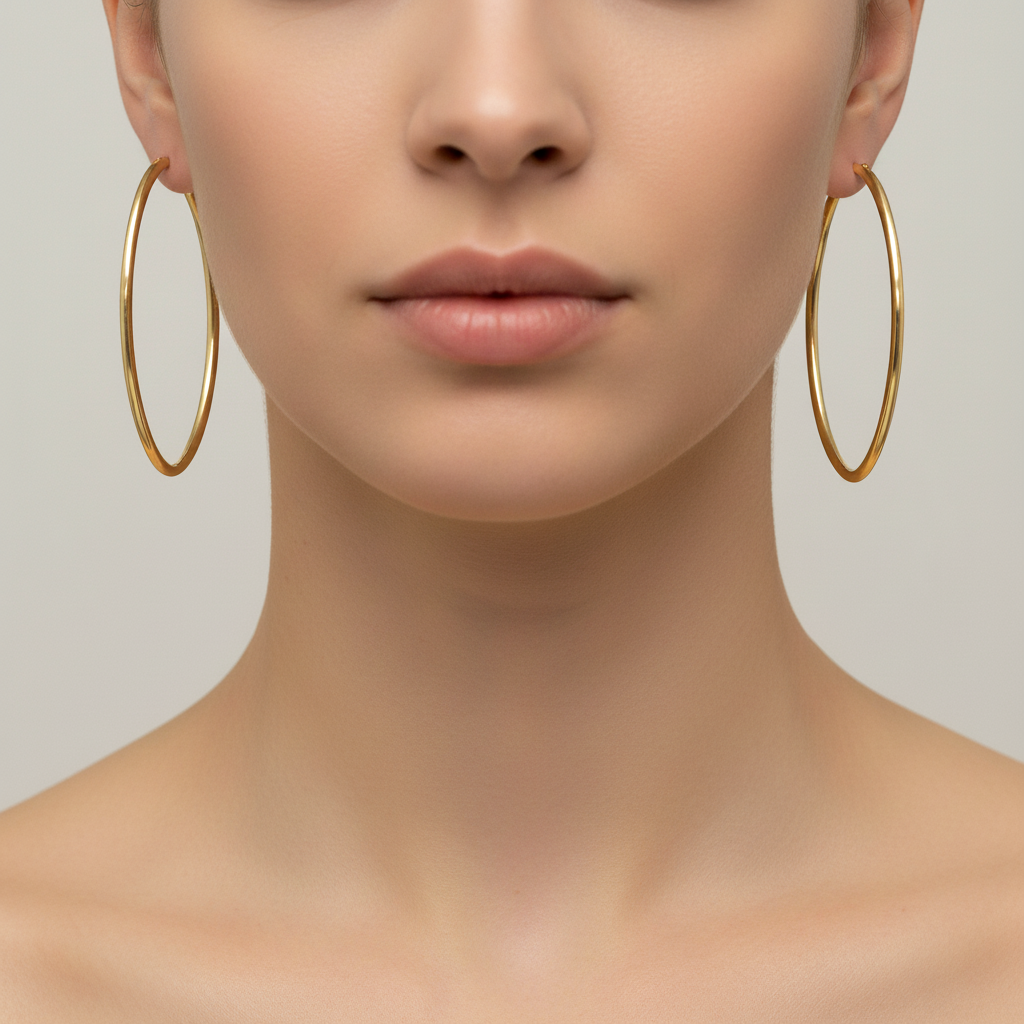 GER53. 14K Solid Gold Oval Shape Hollow Hoop Earrings