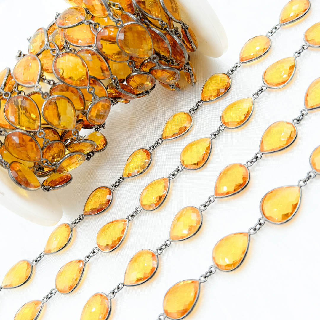 Hydro Quartz Citrine Color Pear Shape Bezel Oxidized Wire Chain.