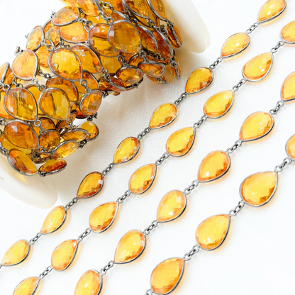 Hydro Quartz Citrine Color Pear Shape Bezel Oxidized Wire Chain.
