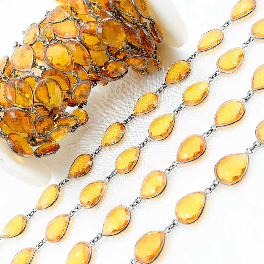 Hydro Quartz Citrine Color Pear Shape Bezel Oxidized Wire Chain. HQ1