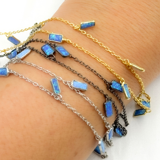 Created Blue Opal Rectangular Shape Dangle Chain