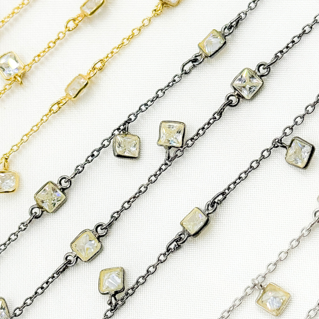 Cubic Zirconia Square Shape Dangle & Connected Wire Chain