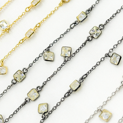 Cubic Zirconia Square Shape Dangle & Connected Wire Chain