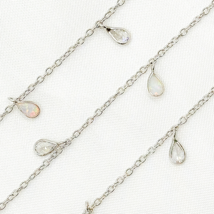 Created White Opal + CZ Pear Shape Dangle Chain